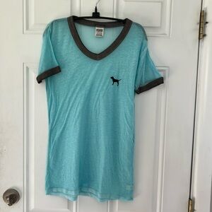 Guc sheer blue heather lightweight tee pink. V neck, ringer tee